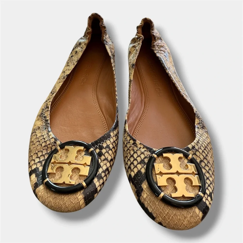Tory Burch Reva‎ Ballet Flats Women 10M Tan Snakeskin Embossed Leather Logo Good